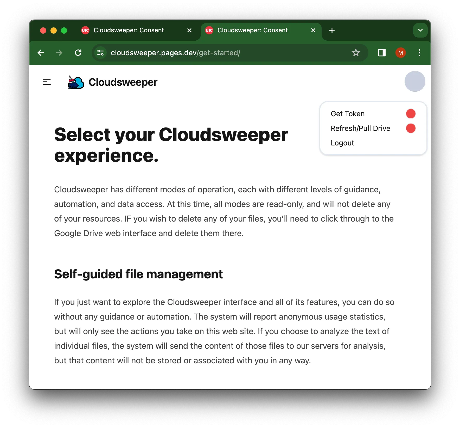 an example of the experience selection screen